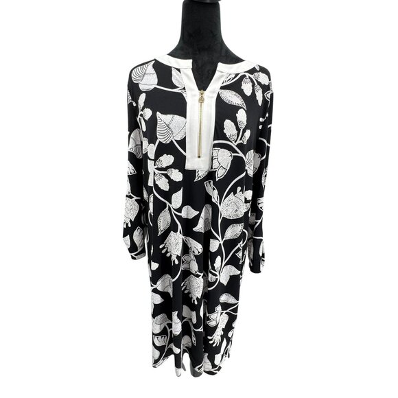 Anne Klein Midi Shift Dress Womens L Black Floral Textured 2 Tone Stretch A Line - Picture 3 of 8